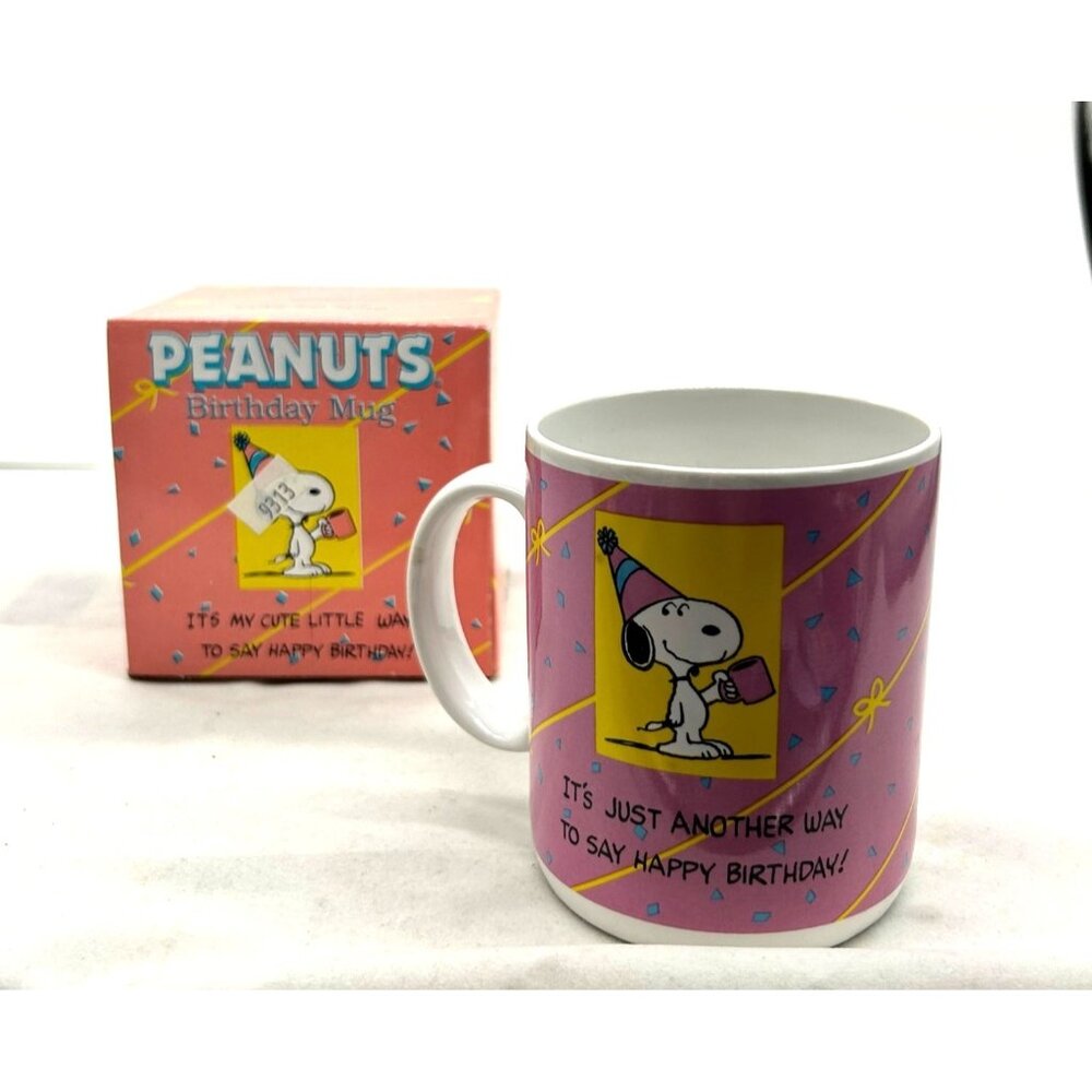 Snoopy Peanuts Happy Birthday Coffee Mug Charlie Brown Schultz Gift Vtg Pink Ret